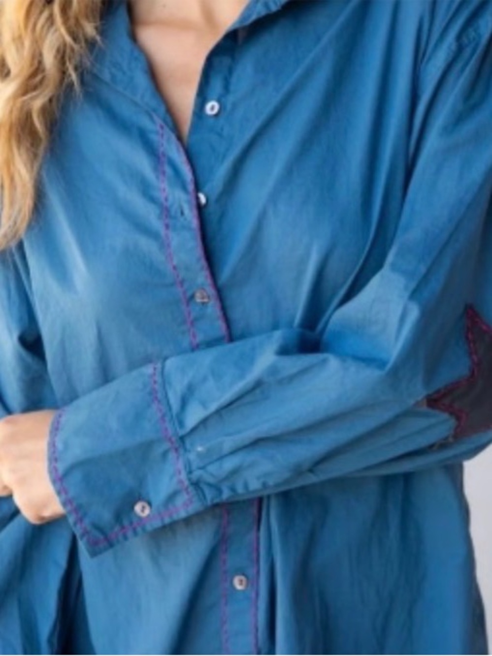 NATURAL LIFE Size Large Lesli Blue Shirt Dress Star Elbow Patch - L/XL - Picture 2 of 10